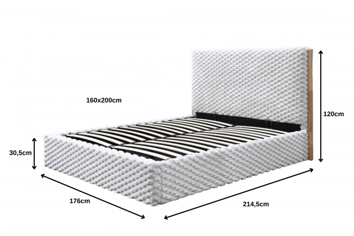Pat tapitat Nordic cu stofa bucla, 160x200, cu somiera metalica rabatabila si spatiu de depozitare, culoare Bej [9]