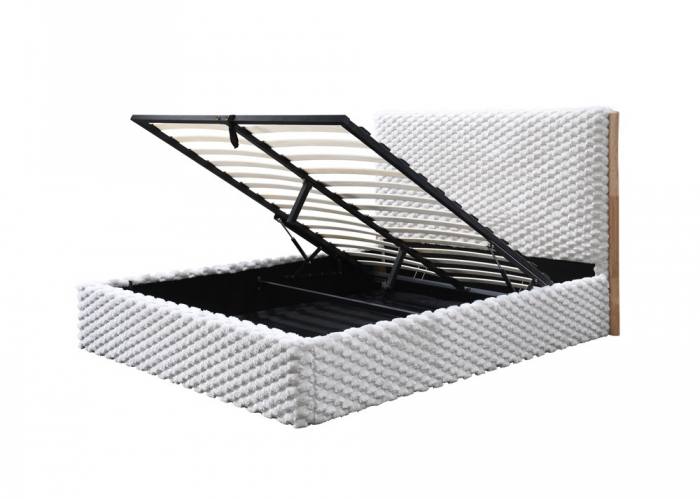 Pat tapitat Nordic cu stofa bucla, 160x200, cu somiera metalica rabatabila si spatiu de depozitare, culoare Bej [7]