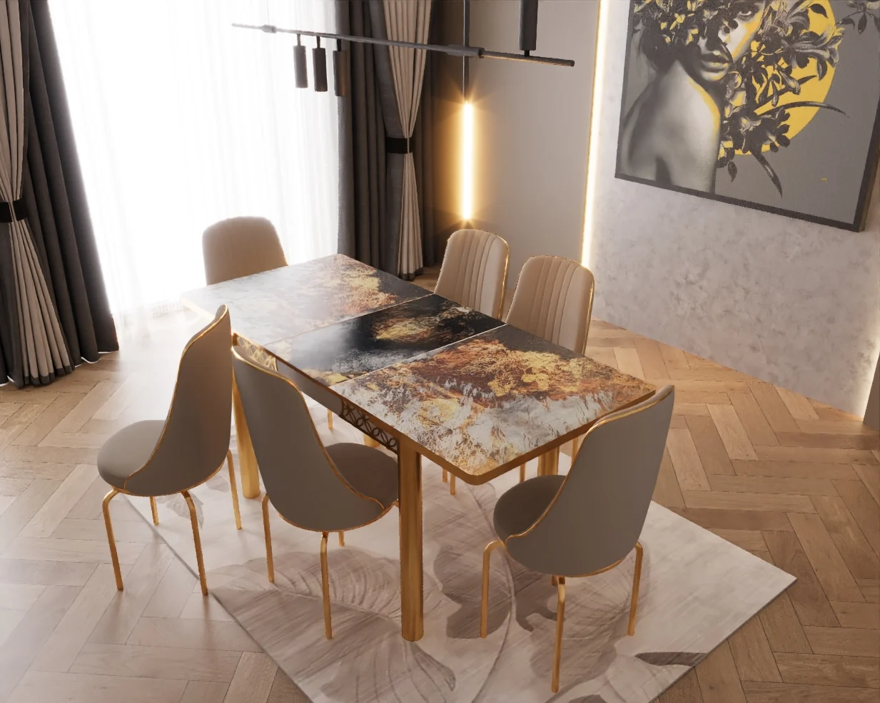 SET MASA 6 SCAUNE LUX CREM DESCHIS [3]