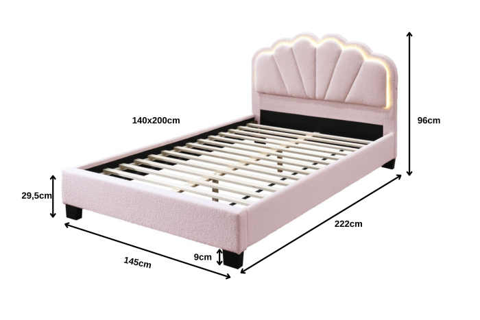 Set pat tapitat Comfort 2 cu LED cu saltea inclusa, cadru din lemn cu somiera fixa, culoare Roz [4]