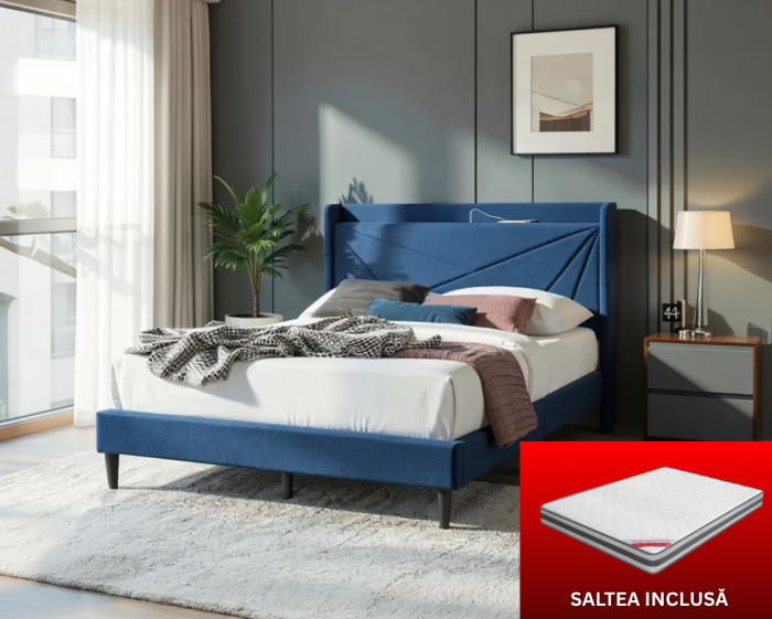 Set pat tapitat Maya 3 cu saltea ortopedica 140x200, cu port de incarcare USB+type C, 2 prize, cu somiera fixa, culoare Albastru [1]