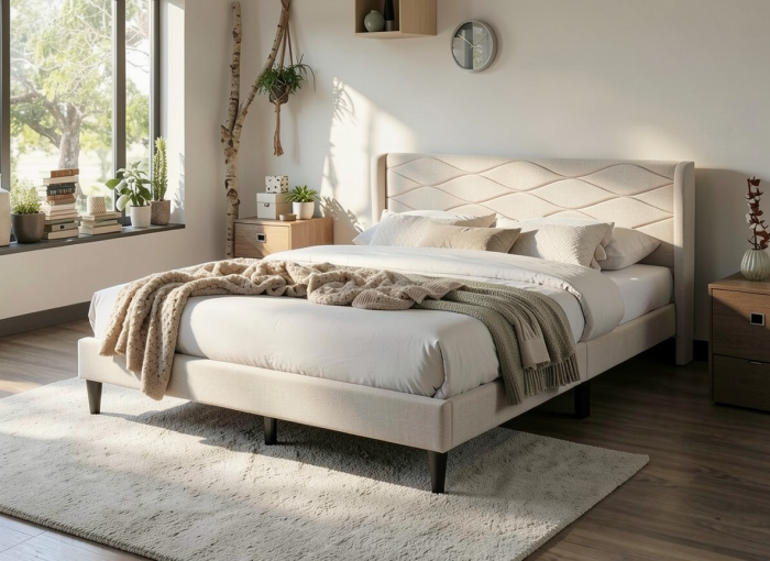 Set pat tapitat Maya + saltea ortopedica inclusa, cadru din lemn cu somiera inclusa [5]