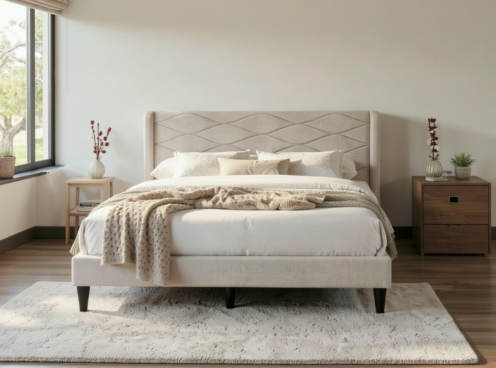 Set pat tapitat Maya + saltea ortopedica inclusa, cadru din lemn cu somiera inclusa [6]