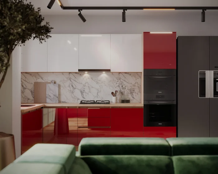 Coltare de Bucatarie - Bucatarie colt Chelsea V2 Alb Rosu /Stejar K003 221/300x60x200 cm