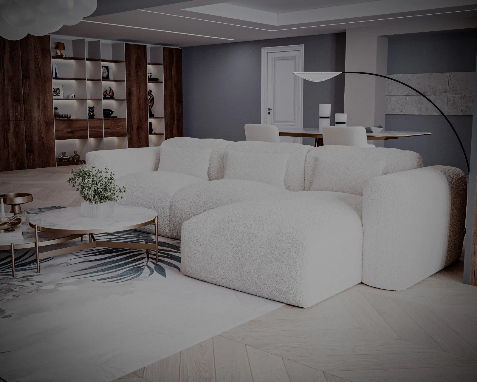 Coltare - Colțar de Lux Treasure din stofă bouclé crem 297x94x42 cm