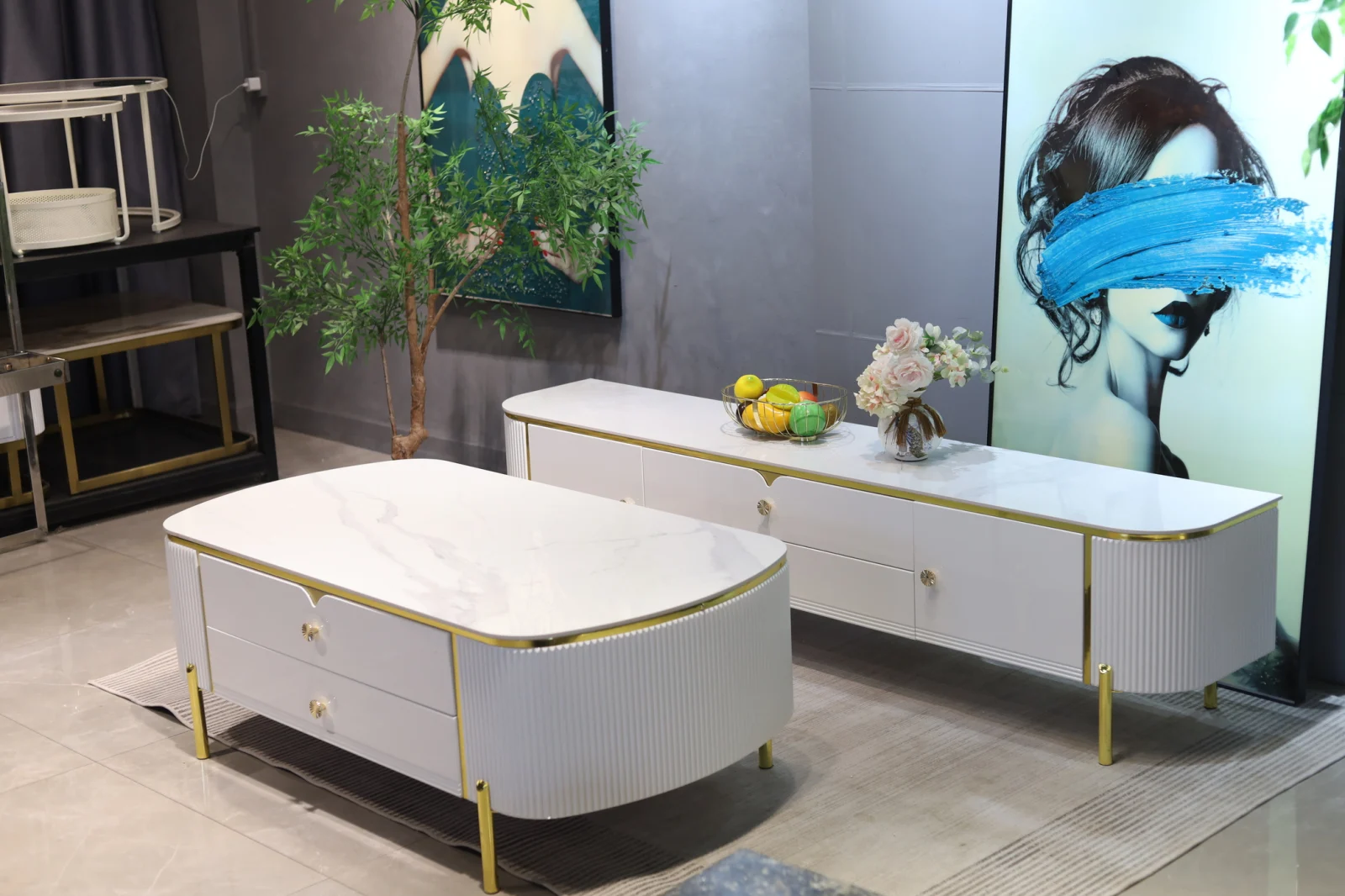 Living Set - SET COMODA TV BENCH+MASA CAFEA MDF CULOARE ALB