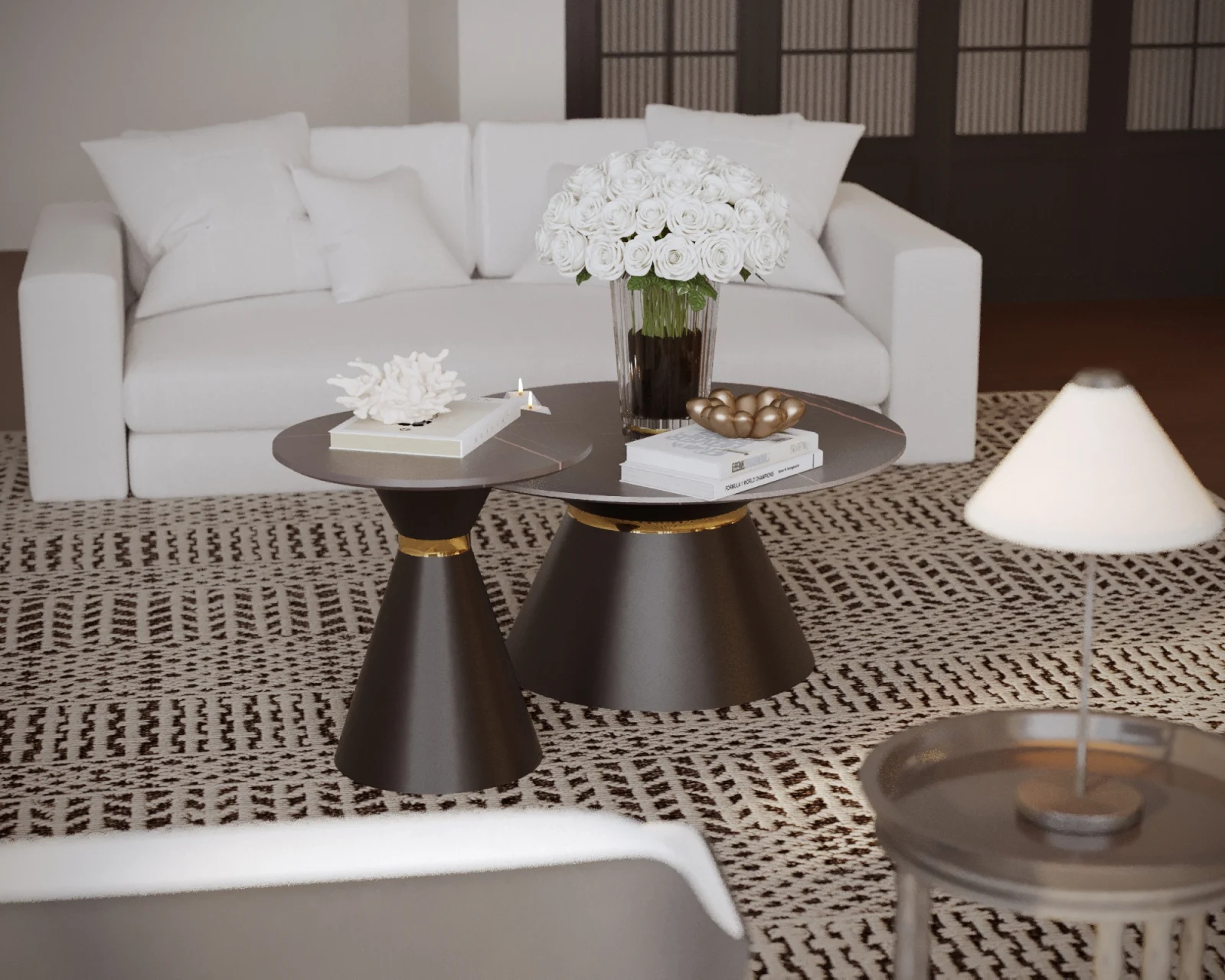 Masute - Set 2 masute cafea DAKOTA, negru cu efect de marmura/auriu, ceramica/otel