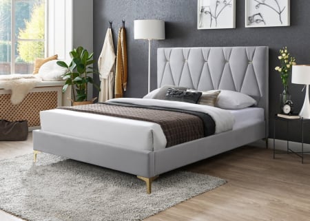 Paturi - Pat tapitat Mervine, 160x200, cadru din lemn cu somiera fixa, culoare Gri