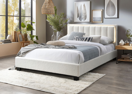 MOBILIER DORMITOR - Pat tapitat Comfort 1 cu LED, 180x200, cadru din lemn cu somiera fixa, culoare Crem