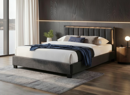 Paturi - Pat tapitat Comfort 1 cu LED, 160x200, cadru din lemn cu somiera fixa, culoare Gri