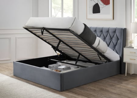 Paturi - Pat tapitat Prestige 1, 160x200, cu somiera metalica rabatabila si spatiu de depozitare, culoare Gri