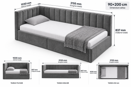 Pat tapitat pe colt Bubu, 90x200 cu somiera inclusa, culoare Gri [7]