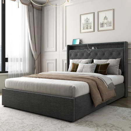 Pat tapitat Hermes, 140x200, somiera metalica rabatabila, spatiu de depozitare, rezistenta 350kg, culoare Gri [2]