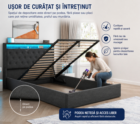 Pat tapitat Hermes, 140x200, somiera metalica rabatabila, spatiu de depozitare, rezistenta 350kg, culoare Gri [6]