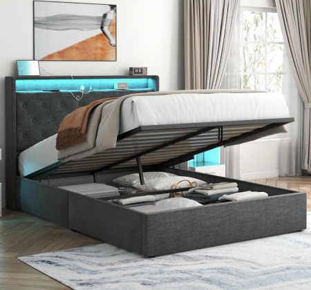 Paturi - Pat tapitat Hermes, 160x200, somiera metalica rabatabila, spatiu de depozitare, rezistenta 400kg, culoare Gri