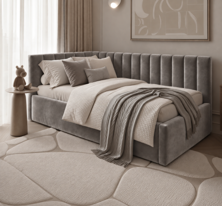 MOBILIER DORMITOR - Pat tapitat pe colt Bubu, 120x200 cu somiera inclusa, culoare Gri