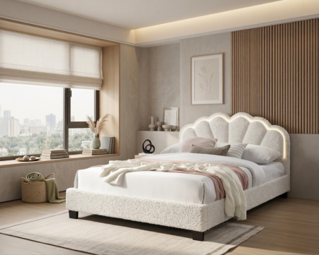 Pat tapitat Comfort 2 cu LED, 140x200, cadru din lemn cu somiera fixa, culoare Crem