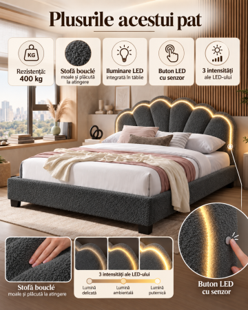 Pat tapitat Comfort 2 cu LED, 140x200, cadru din lemn cu somiera fixa, culoare Gri [2]