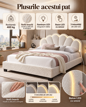Pat tapitat Comfort 2 cu LED, 160x200, cadru din lemn cu somiera fixa, culoare Crem [4]