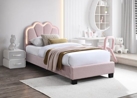 Paturi - Pat tapitat Comfort 2 cu LED , 90x200, cadru din lemn cu somiera fixa, culoare Roz