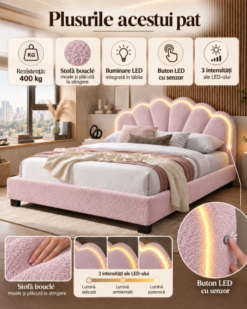 Pat tapitat Comfort 2 cu LED , 90x200, cadru din lemn cu somiera fixa, culoare Roz [3]