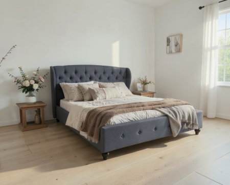 Paturi - Set pat Tapitat Continental  cu saltea ortopedica 160x200 cm, cadru din lemn cu somiera fixa, Culoare Gri