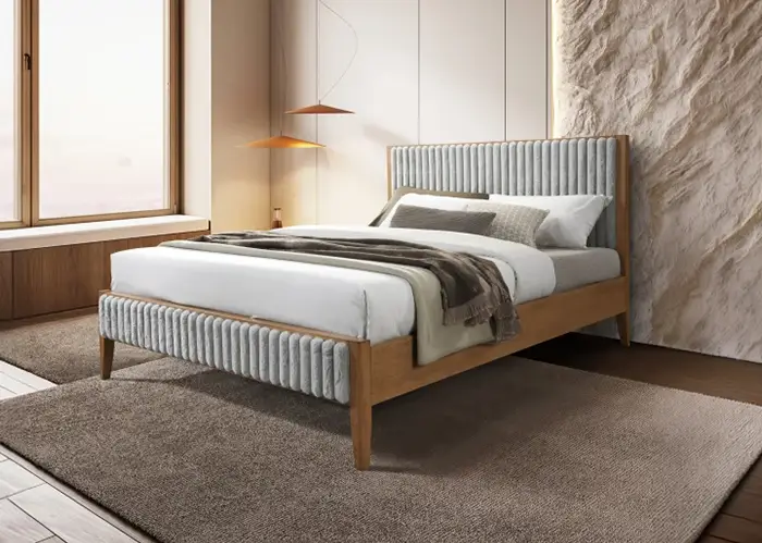 Paturi - Set pat tapitat din lemn Siera cu saltea ortopedica de 140x200 inclusa, somiera fixa, culoare Gri