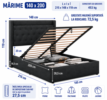 Pat tapitat Hermes, 140x200, somiera metalica rabatabila, spatiu de depozitare, rezistenta 350kg, culoare Gri [7]