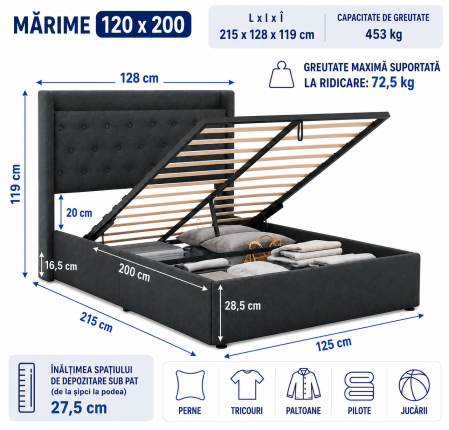 Pat tapitat Hermes, 120x200, somiera metalica rabatabila, spatiu de depozitare, rezistenta 250kg, culoare Gri [7]