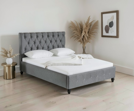 Paturi - Pat Tapitat Miami 160x200 cm, cadru din lemn cu somiera fixa, Culoare Gri