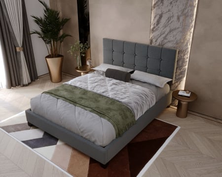 MOBILIER DORMITOR - Pat tapitat Modern 140x200cm, cadru din lemn cu somiera fixa, culoare Gri