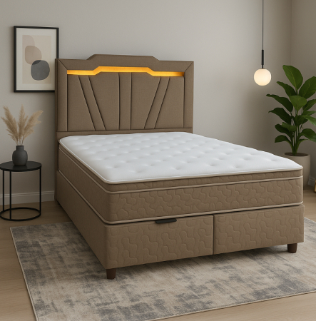MOBILIER DORMITOR - Pat Boxspring Charlotte 160x200 cu saltea inclusa si topper, cu ladă de depozitare, Bej