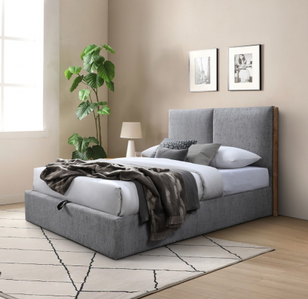 MOBILIER DORMITOR - Pat tapitat Nordic, 160x200, cu somiera metalica rabatabila si spatiu de depozitare, culoare Gri