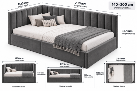 Pat tapitat pe colt Bubu, 140x200 cu somiera inclusa, culoare Gri [7]