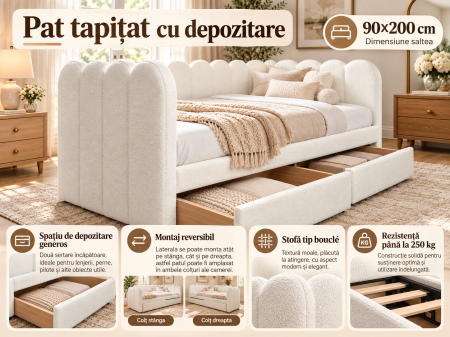 Pat tapitat Madison, 90x200, cu spatiul de depozitare, stofa boucle, culoare Crem [1]
