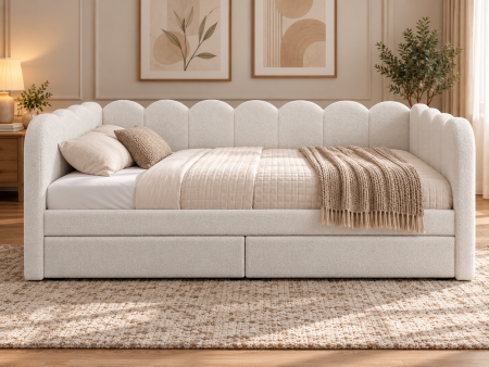 Paturi - Pat tapitat Madison, 90x200, cu spatiul de depozitare, stofa boucle, culoare Crem