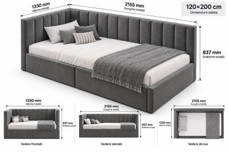Pat tapitat pe colt Bubu, 120x200 cu somiera inclusa, culoare Gri [7]