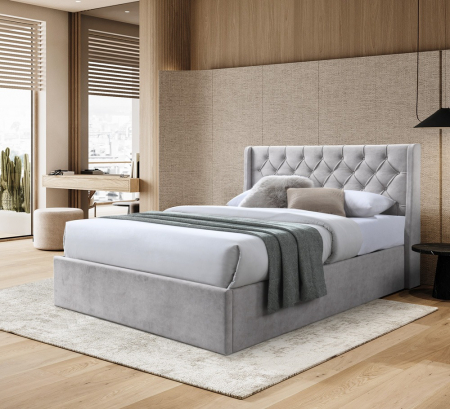 Paturi - Pat tapitat Prestige 1, 180x200, cu somiera metalica rabatabila si spatiu de depozitare, culoare Crem