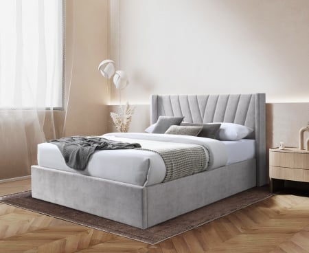 Paturi - Pat tapitat Prestige 2, 160x200, cu somiera metalica rabatabila si spatiu de depozitare, culoare Crem