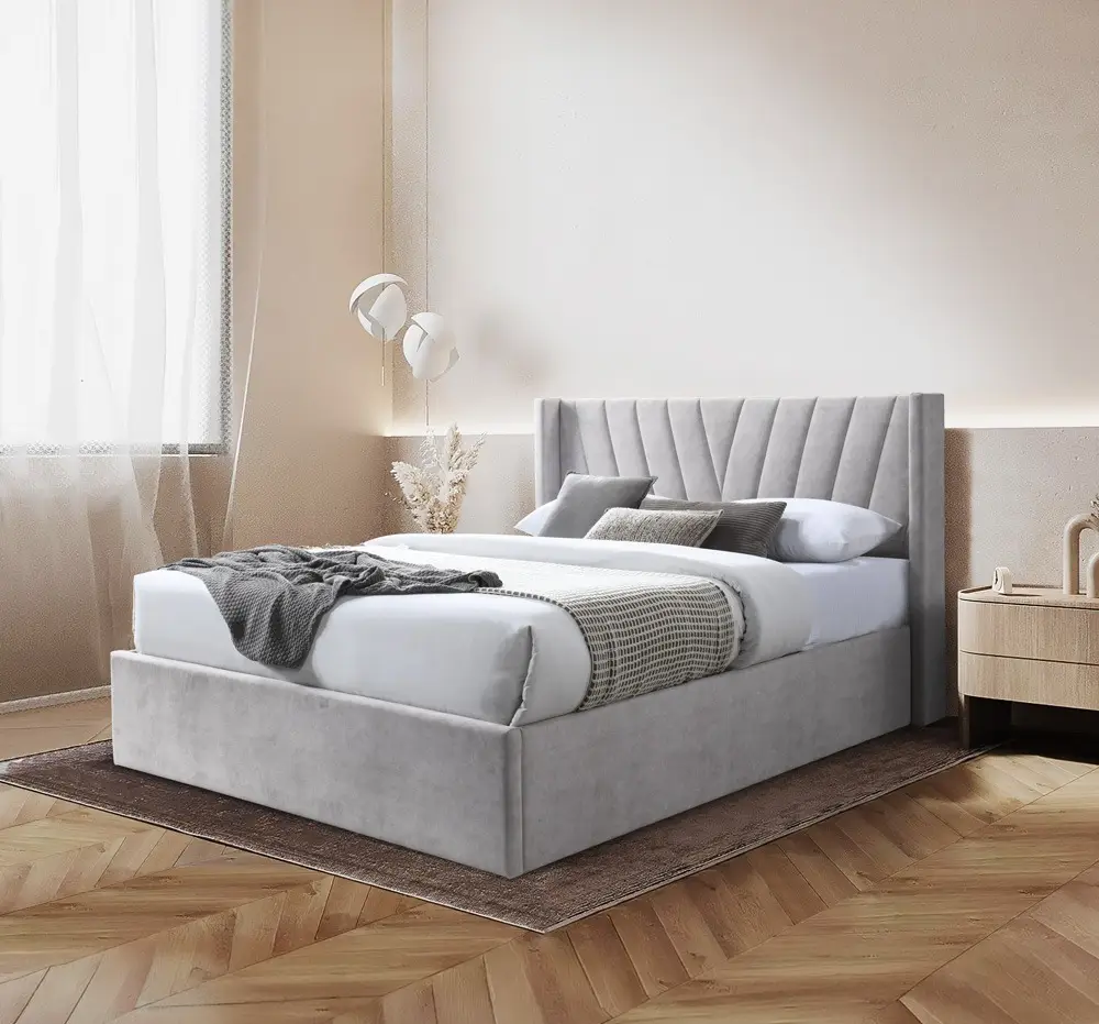 Paturi - Pat tapitat Prestige 2, 180x200, cu somiera metalica rabatabila si spatiu de depozitare, culoare Crem