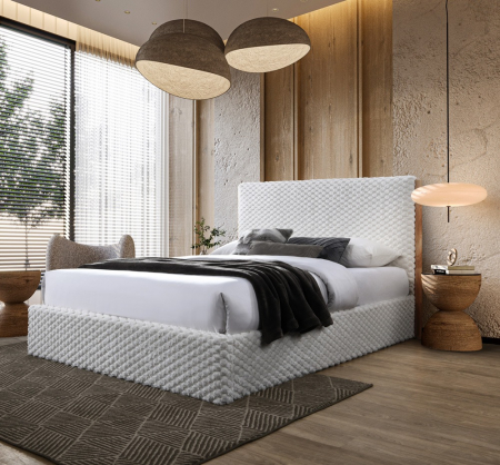 MOBILIER DORMITOR - Pat tapitat Nordic cu stofa bucla, 160x200, cu somiera metalica rabatabila si spatiu de depozitare, culoare Bej