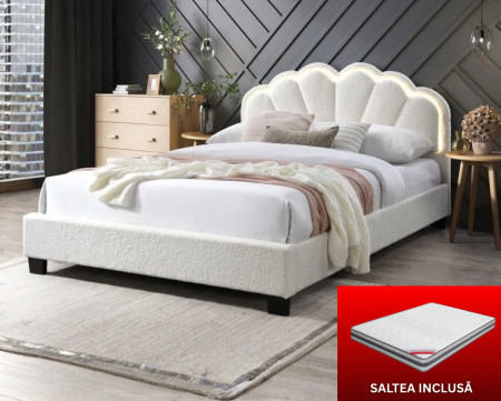 MOBILIER DORMITOR - Set pat tapitat Comfort 2 cu LED cu saltea inclusa, cadru din lemn cu somiera fixa, culoare Crem