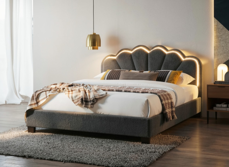 Paturi - Set pat tapitat Comfort 2 cu LED cu saltea inclusa, cadru din lemn cu somiera fixa, culoare Gri