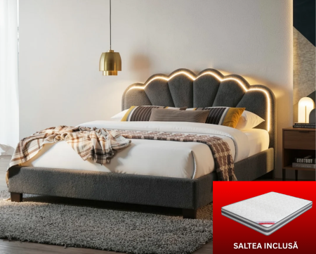 Paturi - Set pat tapitat Comfort 2 cu LED cu saltea inclusa, cadru din lemn cu somiera fixa, culoare Gri