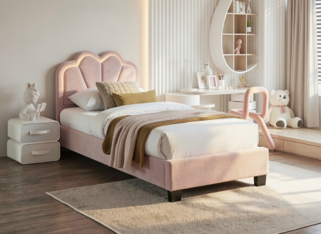 Set pat tapitat Comfort 2 cu LED cu saltea inclusa, cadru din lemn cu somiera fixa, culoare Roz [1]