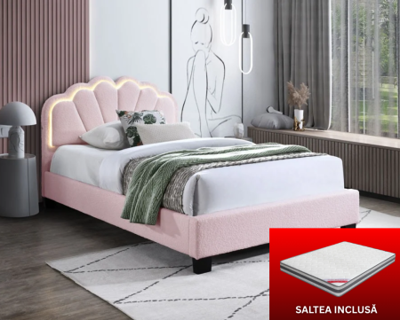 MOBILIER DORMITOR - Set pat tapitat Comfort 2 cu LED cu saltea inclusa, cadru din lemn cu somiera fixa, culoare Roz