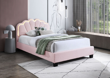 Paturi - Set pat tapitat Comfort 2 cu LED cu saltea inclusa, cadru din lemn cu somiera fixa, culoare Roz