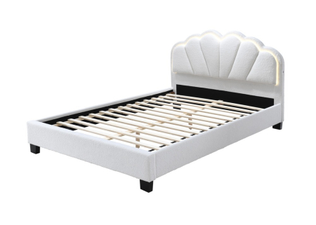Set pat tapitat Comfort 2 cu LED cu saltea inclusa, cadru din lemn cu somiera fixa, culoare Crem [5]