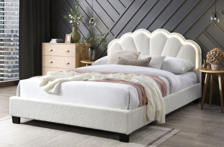 Paturi - Set pat tapitat Comfort 2 cu LED cu saltea inclusa, cadru din lemn cu somiera fixa, culoare Crem