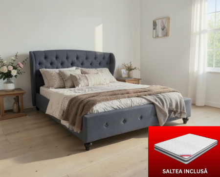 Paturi - Set pat Tapitat Continental  cu saltea ortopedica 160x200 cm, cadru din lemn cu somiera fixa, Culoare Gri